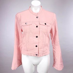 Romeo & Juliet Couture Women's Pink‎ Distressed Denim Jacket with Bell Sleeves